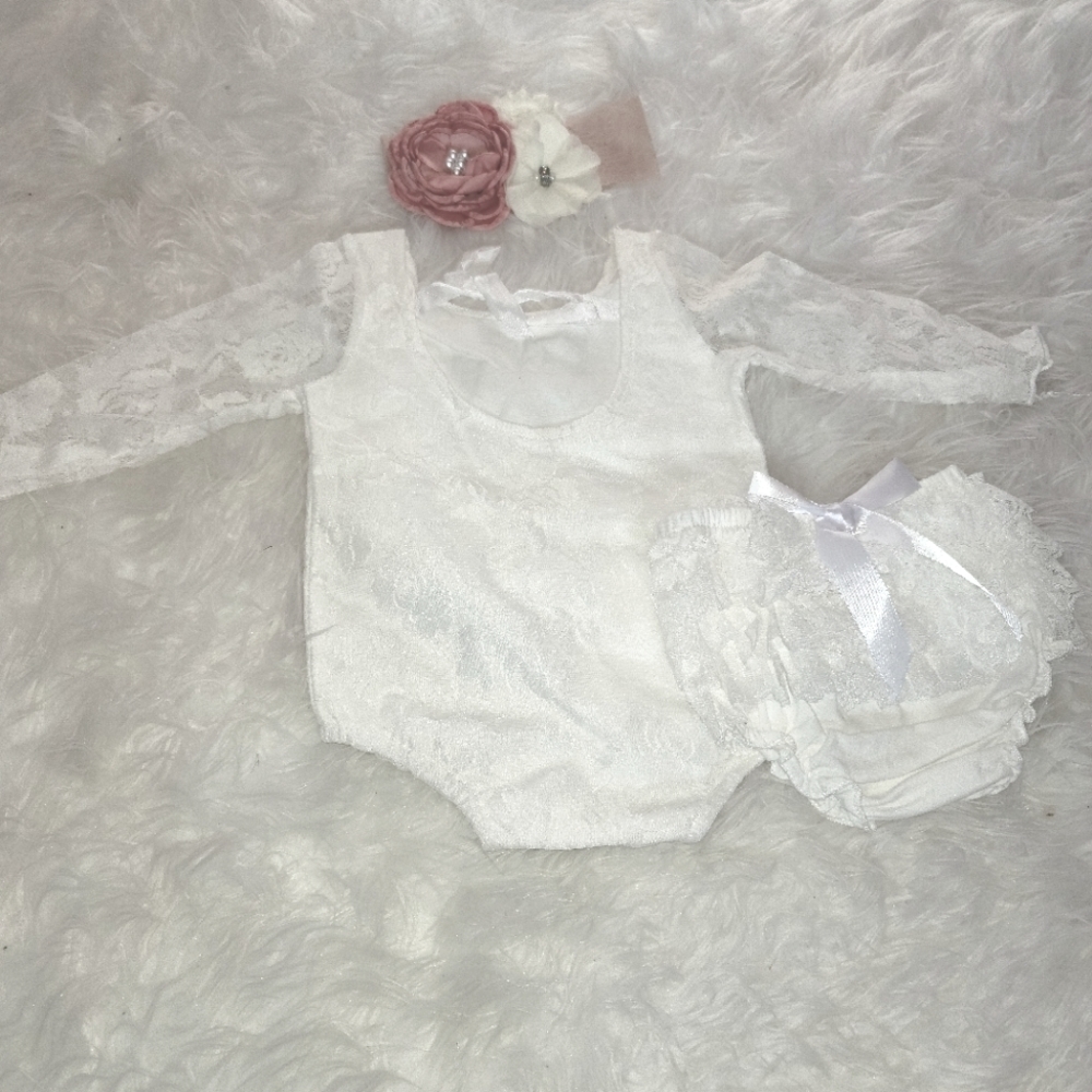 Special Occasion Baby Bodysuit, Ruffle Bum Undies, and Lace Flower Headband